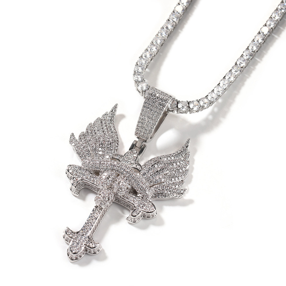 Hiphop Rapper Jewelry Born 2 Chaos Pendant Iced Out Cz Diamond Skull Celtic Cross Pendant Necklace with Angel Wing Necklace