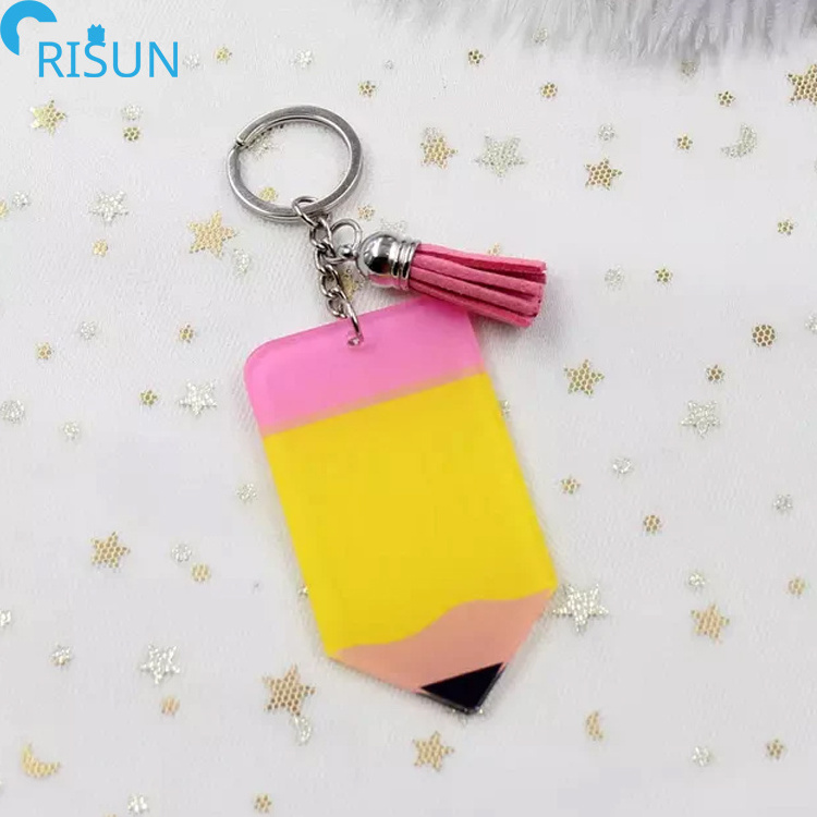 Wholesale Cheap Custom Design HD Transparent Acrylic Pencil Keychain For Teacher Graduation Gift Tassel Pen Acrylic Keyring