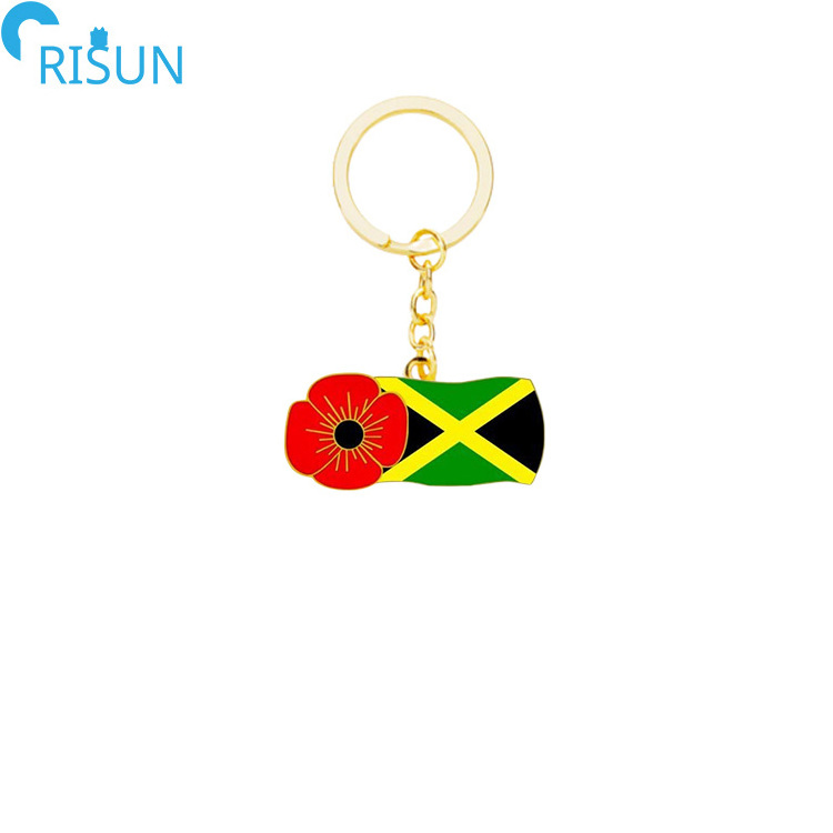 Customized Quality Soft Hard Enamel Heart Love Jamaican Poppy Cross Flag Keychains Keyrings Pendant Custom Jamaica Keychain