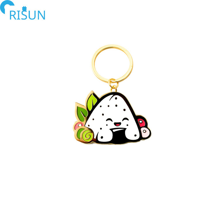 Wholesale Riceball Enamel Keychain  Custom Logo Kawaii Food Keychains Sushi Rice Ball Pin Keyring Key With Glitter