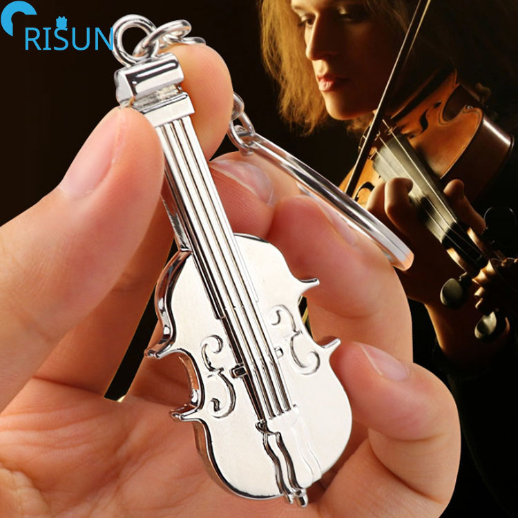 Manufacturer Personalized 3D Metal Silver Nickel Violin Music Instrument Keyrings Keychains Custom Violin Keychain