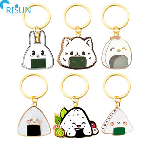 Wholesale Riceball Enamel Keychain  Custom Logo Kawaii Food Keychains Sushi Rice Ball Pin Keyring Key With Glitter