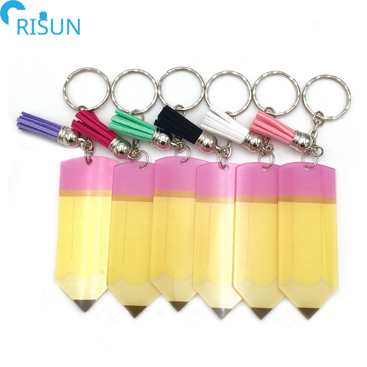 Wholesale Cheap Custom Design HD Transparent Acrylic Pencil Keychain For Teacher Graduation Gift Tassel Pen Acrylic Keyring