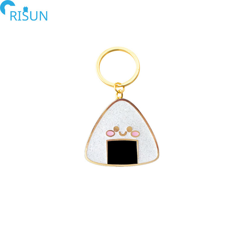 Wholesale Riceball Enamel Keychain  Custom Logo Kawaii Food Keychains Sushi Rice Ball Pin Keyring Key With Glitter