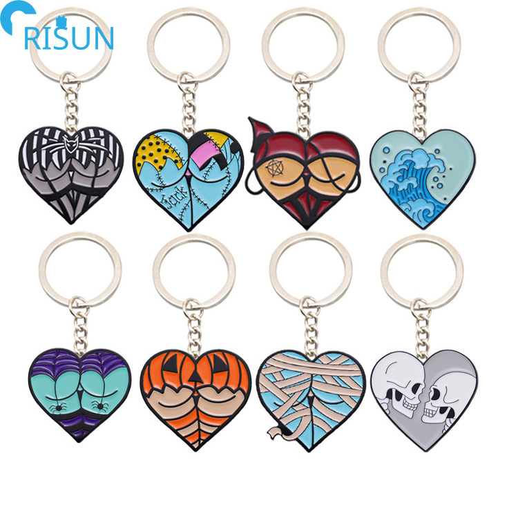 Wholesale Halloween Cartoon Spider Monster Heart Keychain Custom Logo Love Flame Sea Waves Keychains Skeleton Keyring