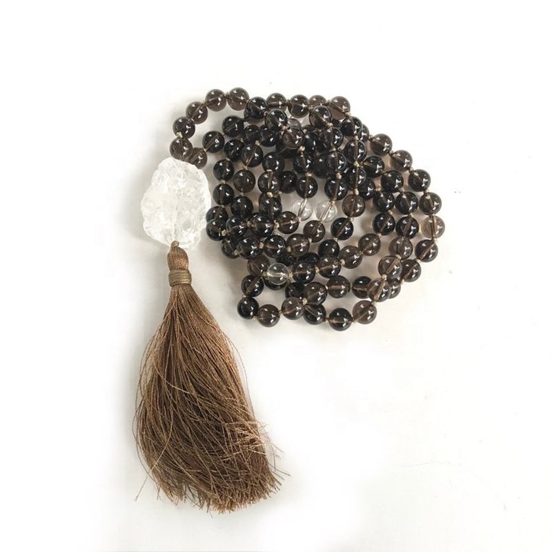 ST0606 Smokey Quartz Tassel Mala 108 Beads Knotted Mala Raw Clear Quartz Necklace Spiritual Boho Jewelry