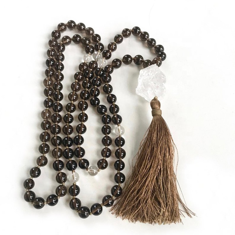 ST0606 Smokey Quartz Tassel Mala 108 Beads Knotted Mala Raw Clear Quartz Necklace Spiritual Boho Jewelry