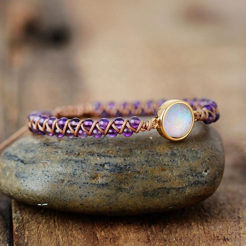 SN1862 Opal Stone Healing Amethyst Gemstone Handmade Friendship Boho Healing Crystal Leather Wrap Bracelet For Women