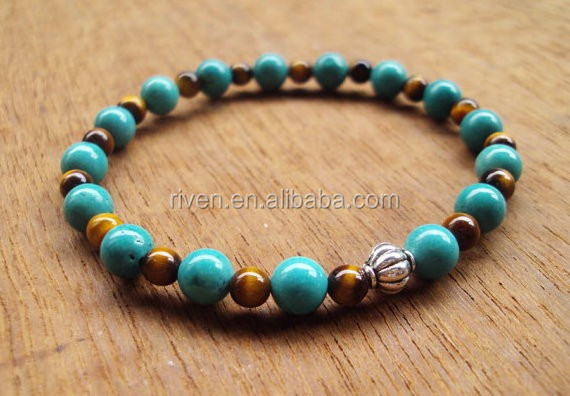 SN0067 Handmade Stone Made 4mm Tiger Eye Stone 6mm Turquoise Stone Mala Elastic Bracelet Men