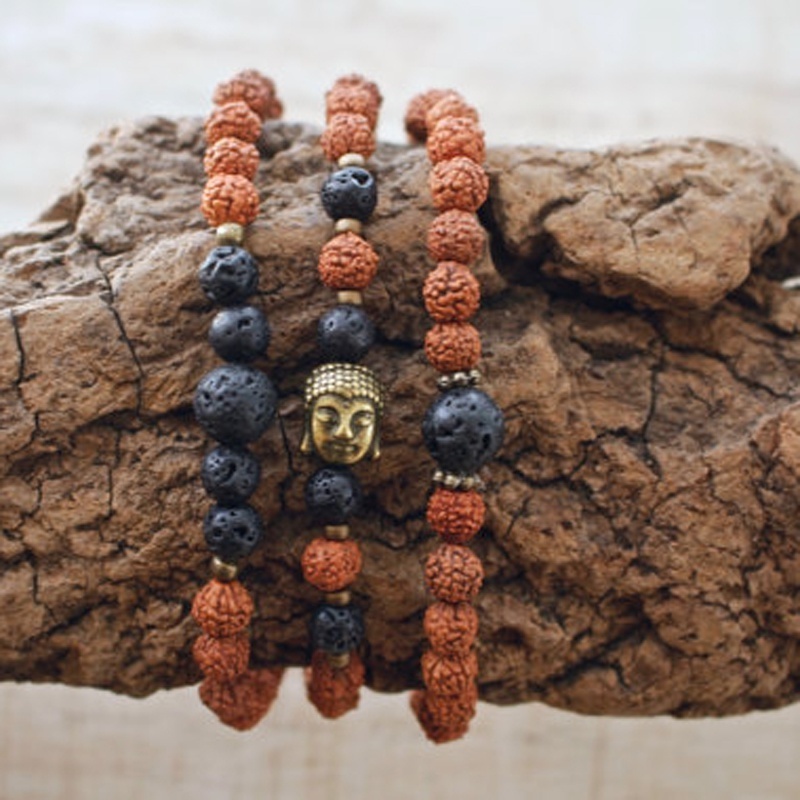 SN0850 3pcs/Set Literary Artistic Revival Volcanic Lava Men 8mm Rudraksha Mala Bronze Buddha Jewelry Beaded Bracelets Set