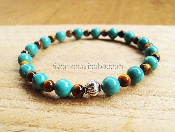 SN0067 Handmade Stone Made 4mm Tiger Eye Stone 6mm Turquoise Stone Mala Elastic Bracelet Men