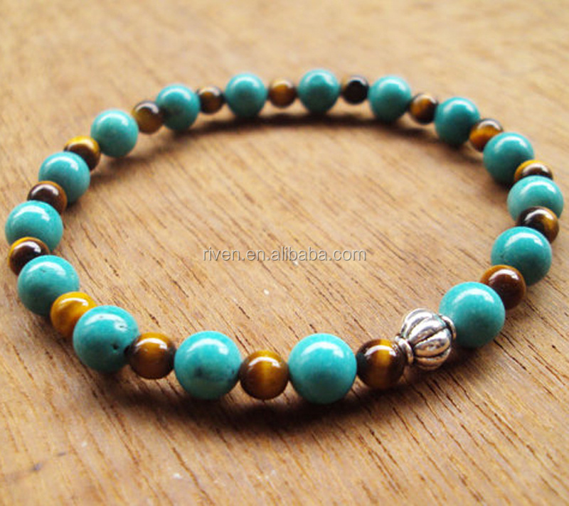 SN0067 Handmade Stone Made 4mm Tiger Eye Stone 6mm Turquoise Stone Mala Elastic Bracelet Men