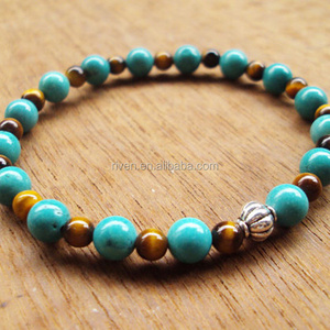 SN0067 Handmade Stone Made 4mm Tiger Eye Stone 6mm Turquoise Stone Mala Elastic Bracelet Men