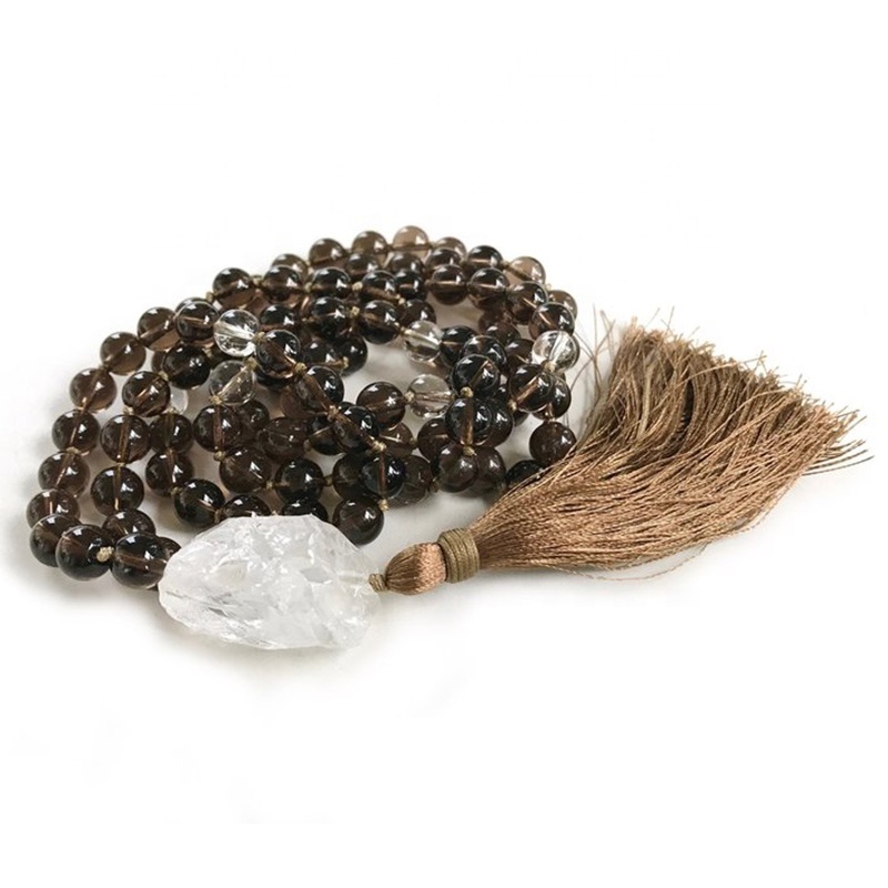 ST0606 Smokey Quartz Tassel Mala 108 Beads Knotted Mala Raw Clear Quartz Necklace Spiritual Boho Jewelry