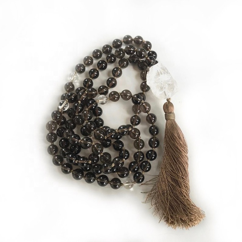 ST0606 Smokey Quartz Tassel Mala 108 Beads Knotted Mala Raw Clear Quartz Necklace Spiritual Boho Jewelry