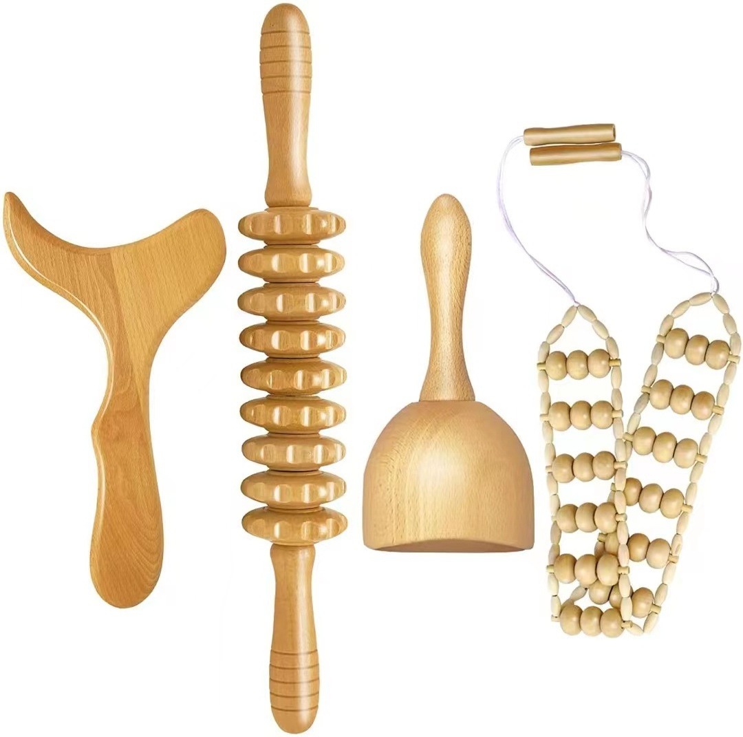 Wood Massager Rolling rod Gua Sha spoon board Therapy Massage Tools Set