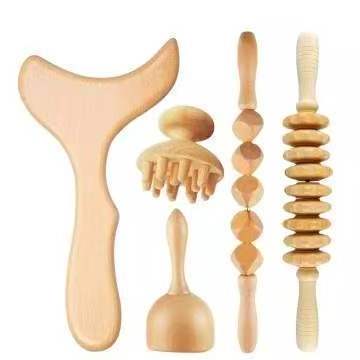 Wood Massager Rolling rod Gua Sha spoon board Therapy Massage Tools Set