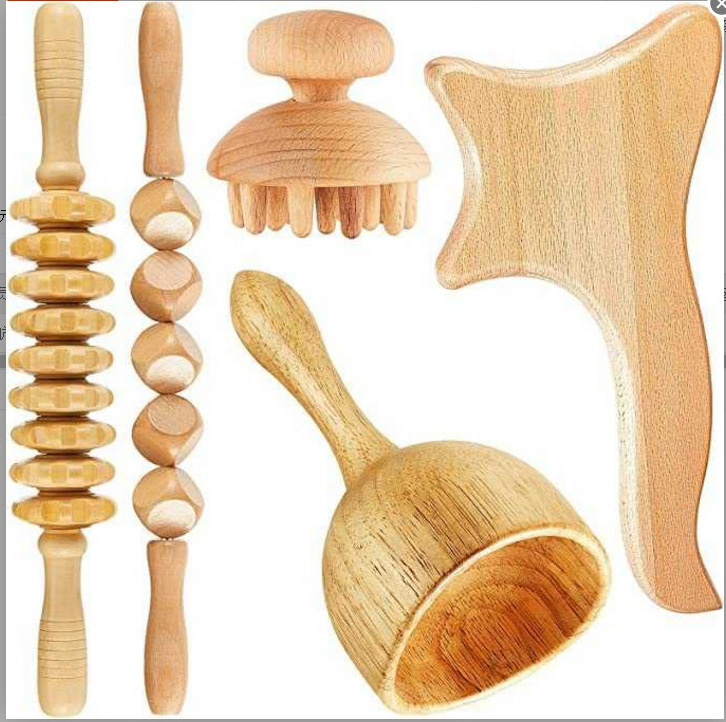 Wood Massager Rolling rod Gua Sha spoon board Therapy Massage Tools Set