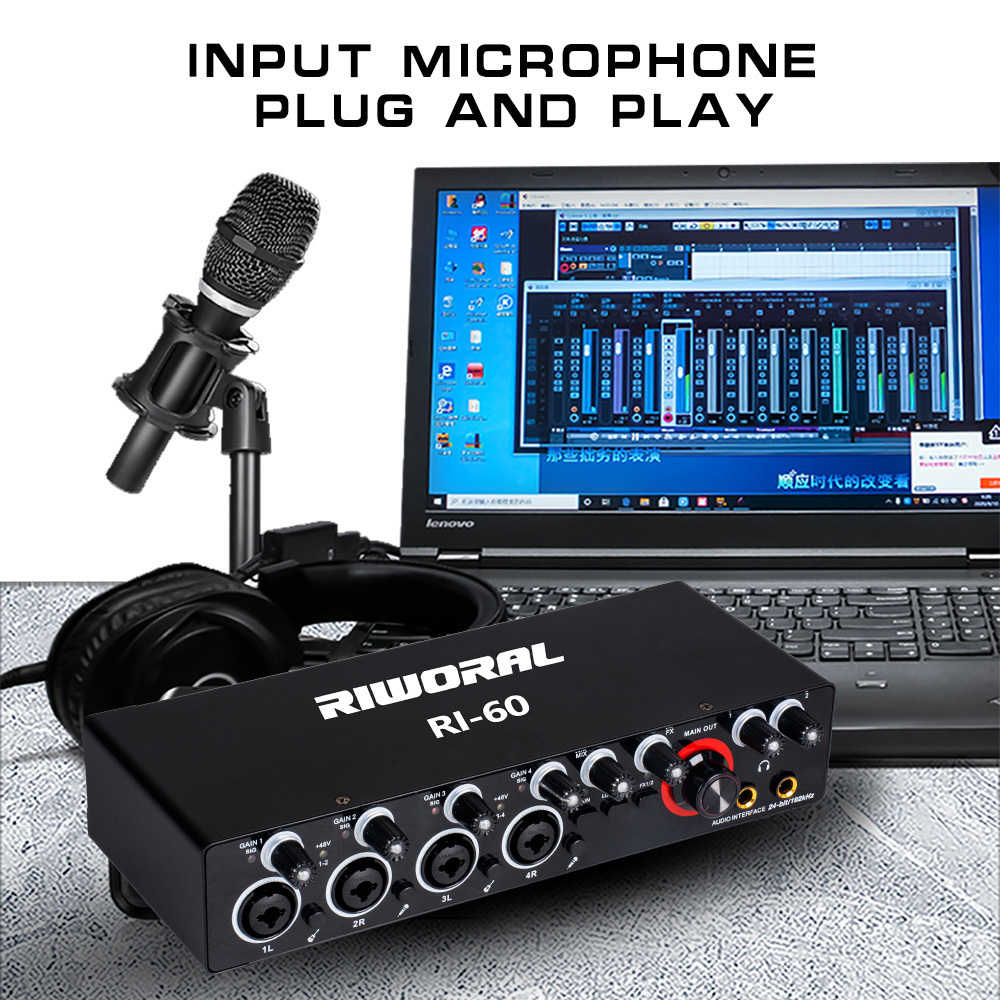 RI-60 USB Sound Card Professional 4 Channels Digital Mixing USB Computer External Sound Card for Recording