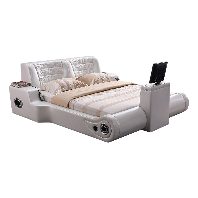 Latest style smart massage beds design modern bedroom furniture sets king size TV bed  Multifunctional Leather Bed with TV