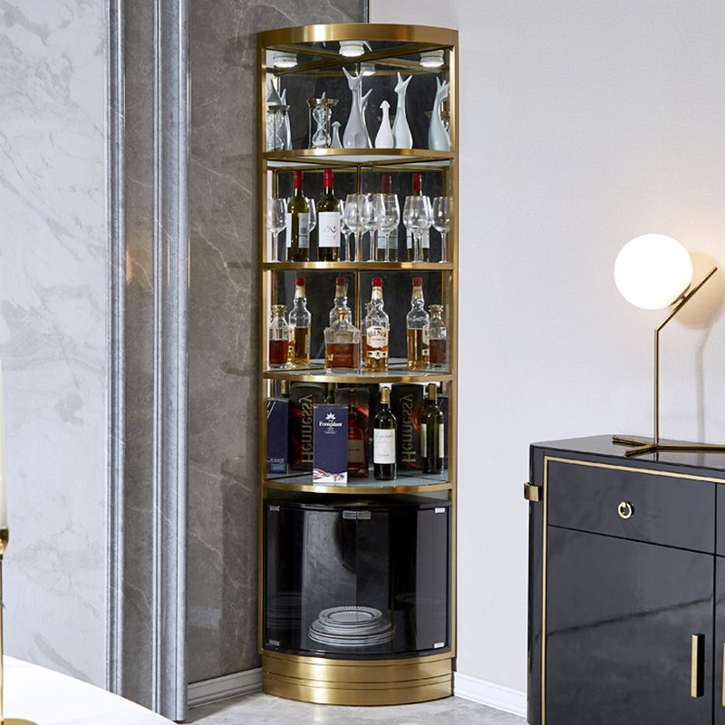 Modern living room stainless steel metal frame wine display cabinet Luxury Double door glass corner bar wine storage cabinet