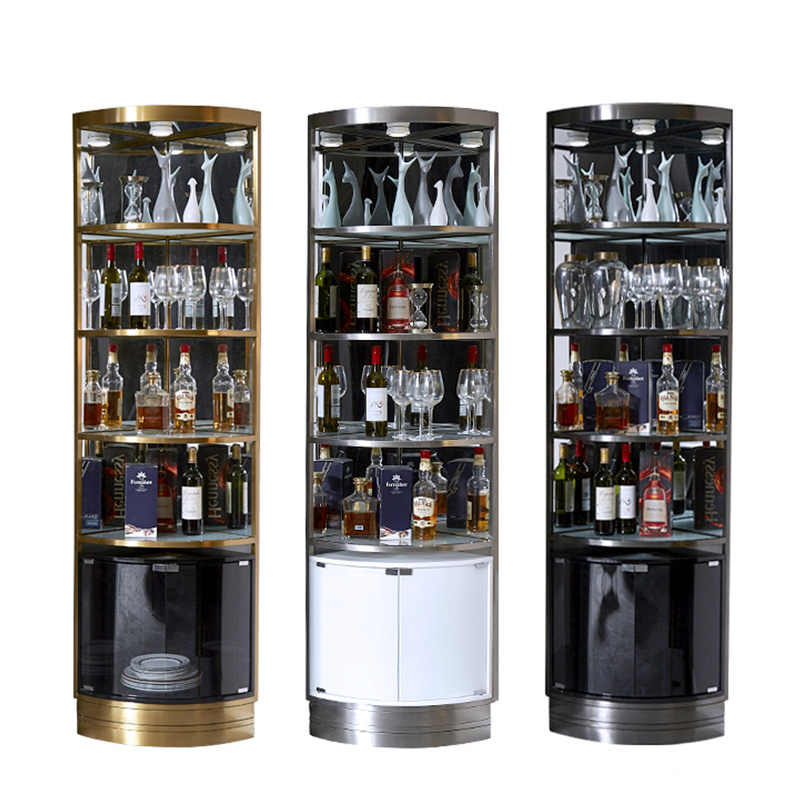 Modern living room stainless steel metal frame wine display cabinet Luxury Double door glass corner bar wine storage cabinet