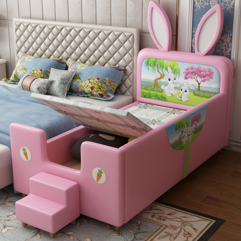 Hot sale Southeast Asia Upholstered furniture for kids room Luxury cartoon rabbit leather bed Children girl princess bed