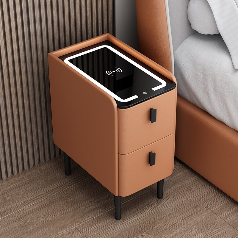 Nightstand Touch Sensing Led Light Smart Bedside Cabinet With Wireless Charger Speaker Design Fingerprint Lock Bedside Table