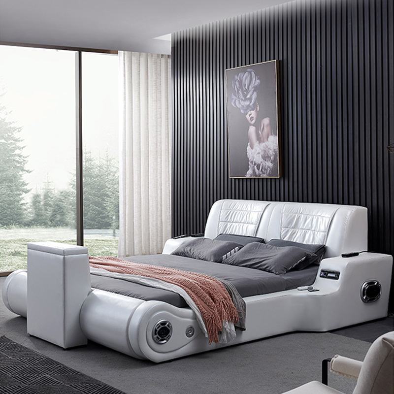 Latest style smart massage beds design modern bedroom furniture sets king size TV bed  Multifunctional Leather Bed with TV