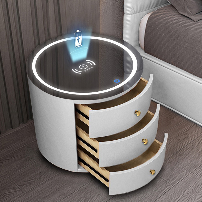 Luxury Smart Nightstand Phone Wireless Charger Bedside Cabinet Round Wooden Bedside Table With Led Light