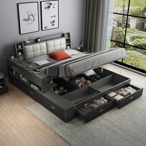 Modern bedroom furniture storage queen bed  multifunctional tatami king size wood beds