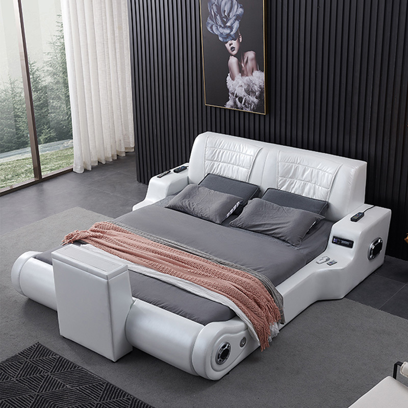 Latest style smart massage beds design modern bedroom furniture sets king size TV bed  Multifunctional Leather Bed with TV