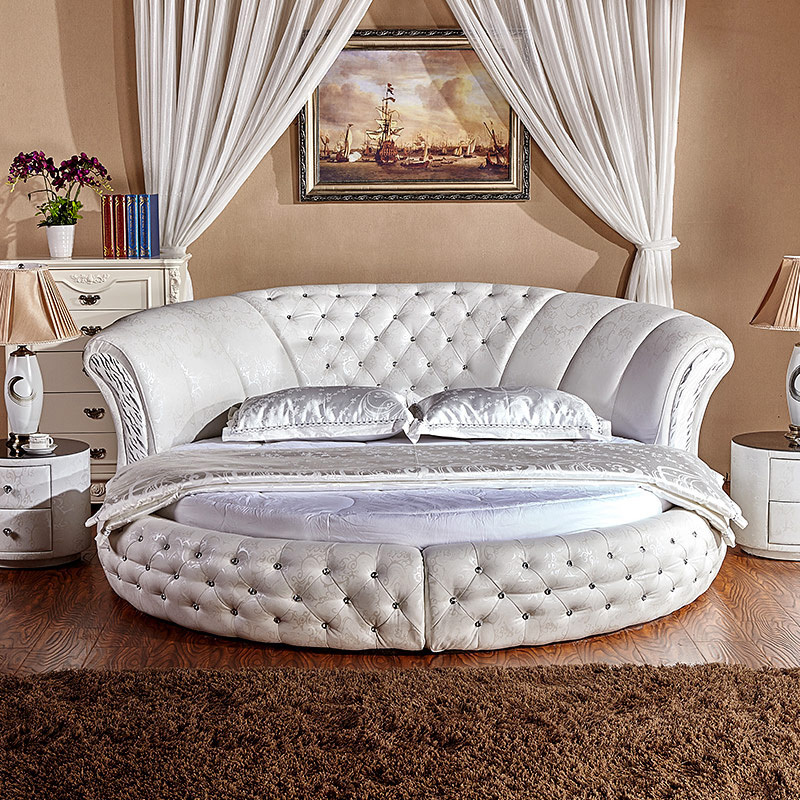 New design White double bed set furniture King size Modern Round Leather Bed