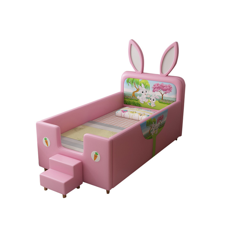 Hot sale Southeast Asia Upholstered furniture for kids room Luxury cartoon rabbit leather bed Children girl princess bed