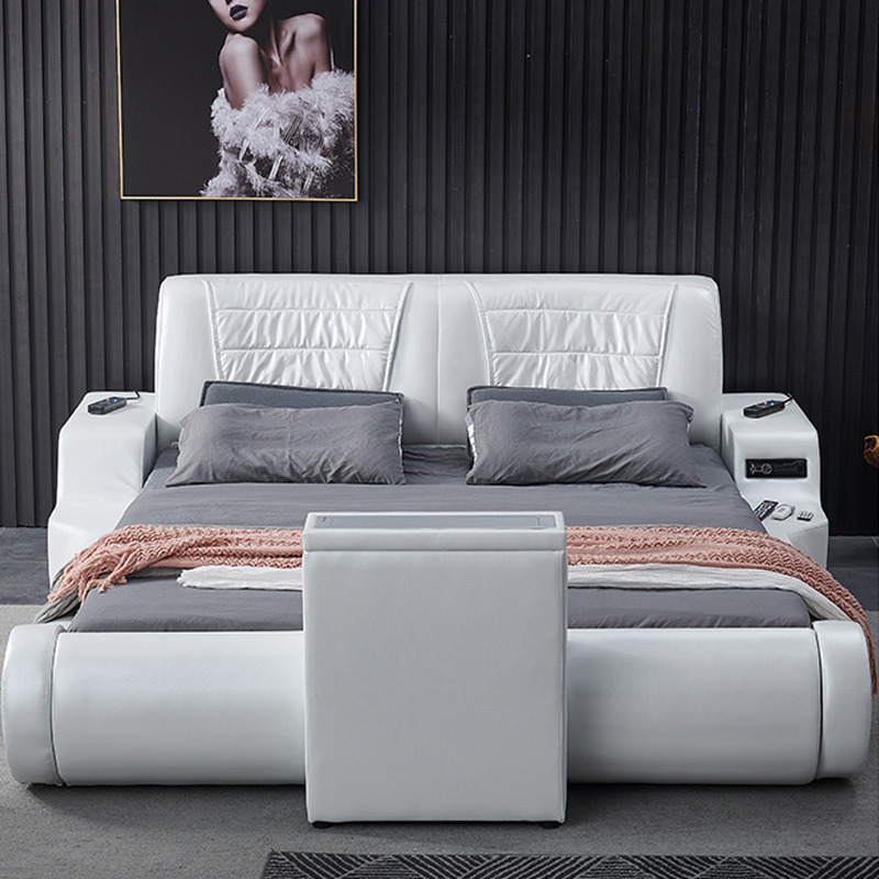 Latest style smart massage beds design modern bedroom furniture sets king size TV bed  Multifunctional Leather Bed with TV