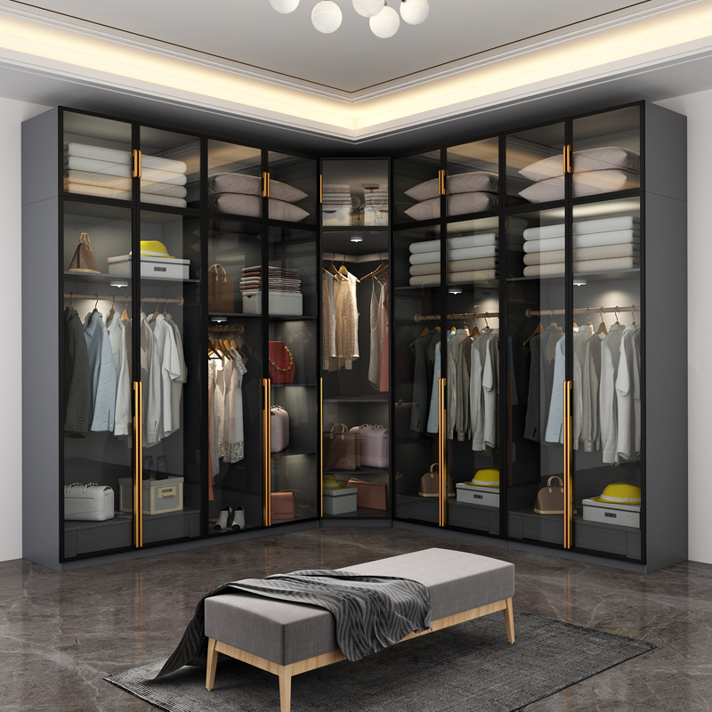 modern wood wardrobe storage bedroom furniture explosion-proof glass swing door wardrobe clothes organizer