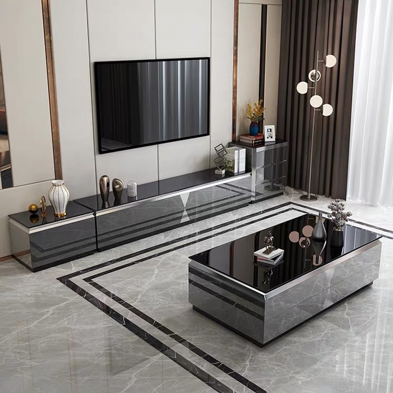 Foshan factory Living room furniture sets metal center coffee tables with drawer modern luxury glass coffee table and tv stand