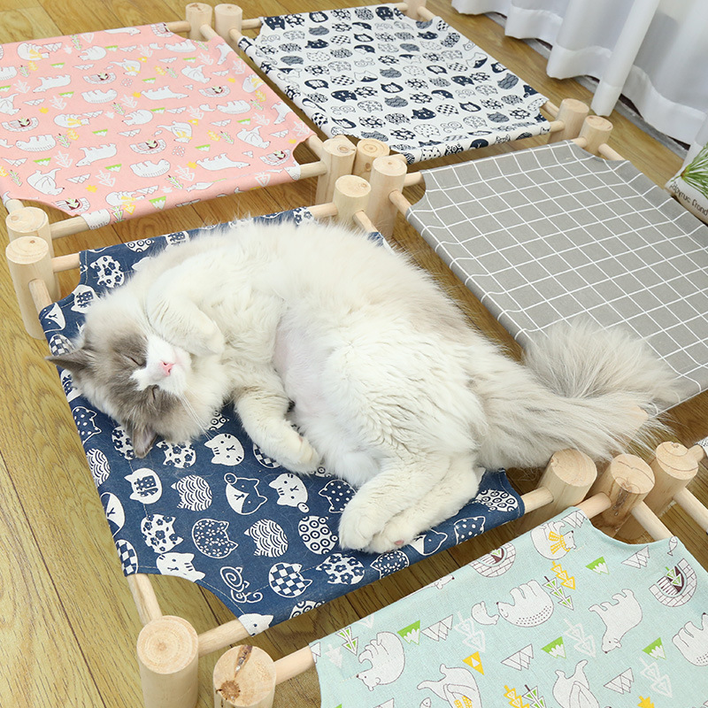 Cat Hammock Bed Wooden Elevated Removable Washable Pet Cooling Breathable Cat Bed for Puppy Detachable Dog Bed Raised