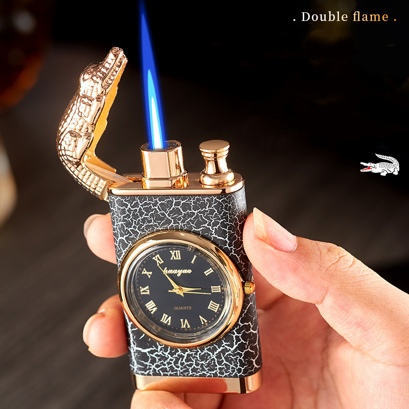 Double Flame Crocodile Model Lighter with Clock Disc windproof gas lighter