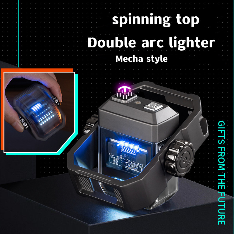 New design Mecha style rotary gyroscope+windproof double arc lighter with LED Battery Indicator