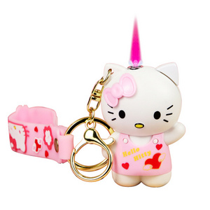 Wholesale 3D Hello Kitty Cartoon Lighter Refillable Windproof Red Flame Gas Lighter With Accessories