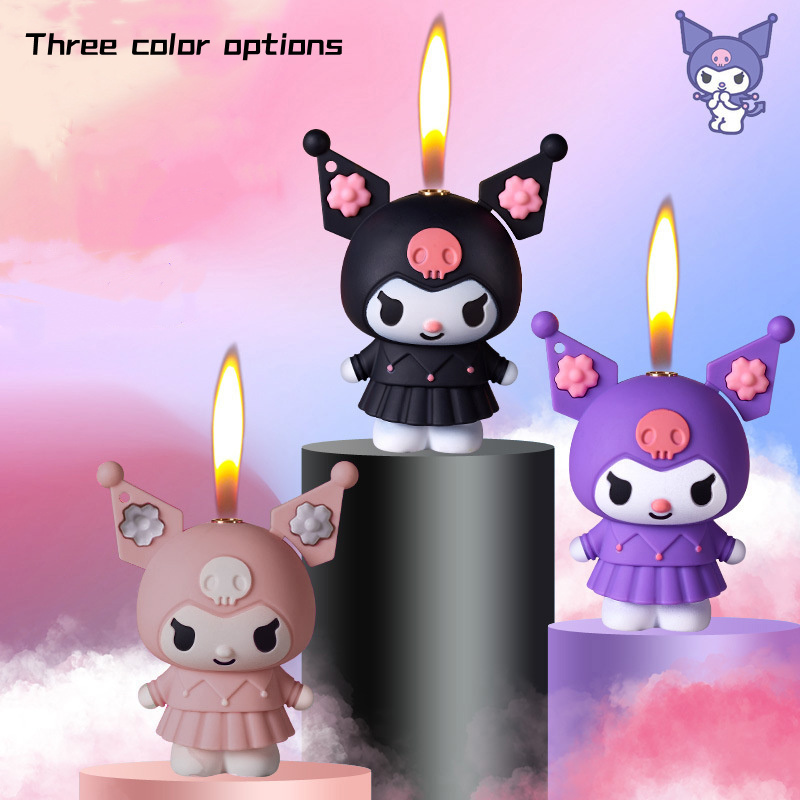 New Arrival Cute Kuromi Open Fire Gas Cigarette Lighter With Necklace