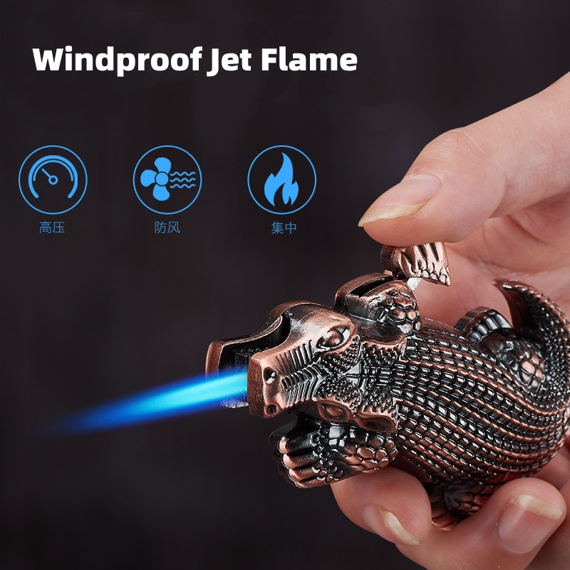 New Arrival Crocodile Model Refillable Windproof Blue Jet Flame Cigarette Lighter