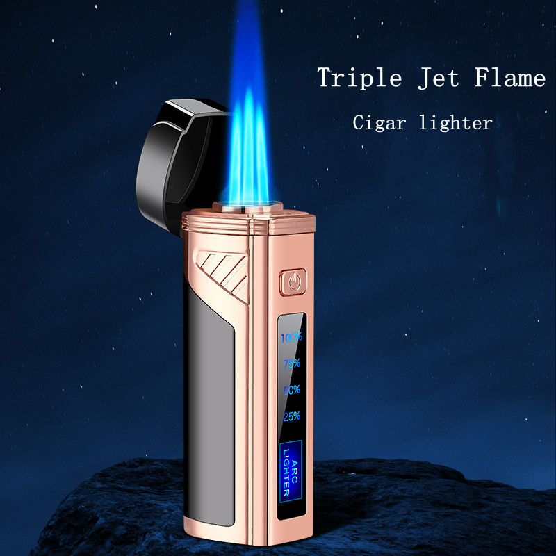 Multi-functional Touch Electric Switch Triple Jet Flame Butane Gas Torch Cigar Lighter Custom Logo