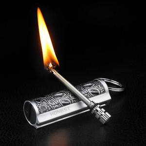 Wholesale leather wrapped metal rod key chain match lighter waterproof kerosene oil lighter