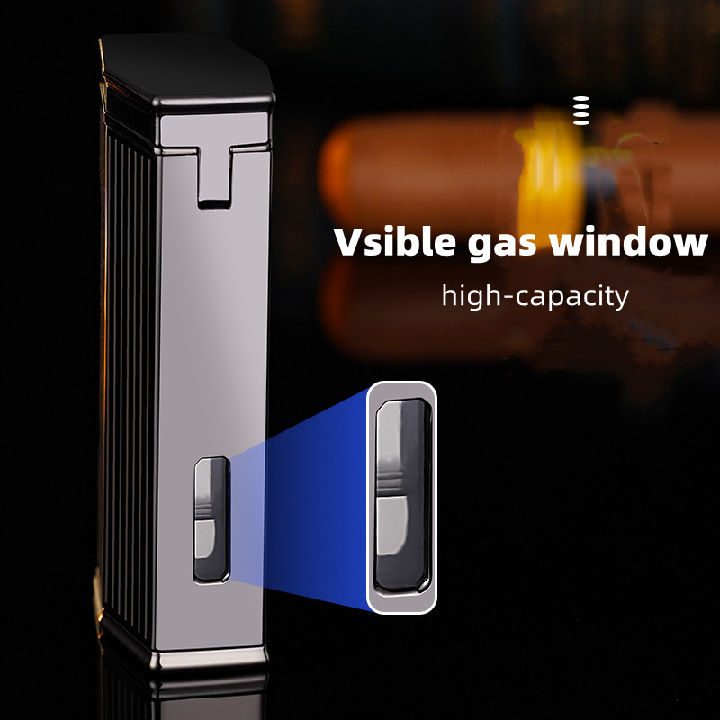 Powerful Four Jet Flame Cigar Lighter Visible Gas Window Windproof Lighter With Cigar Punch