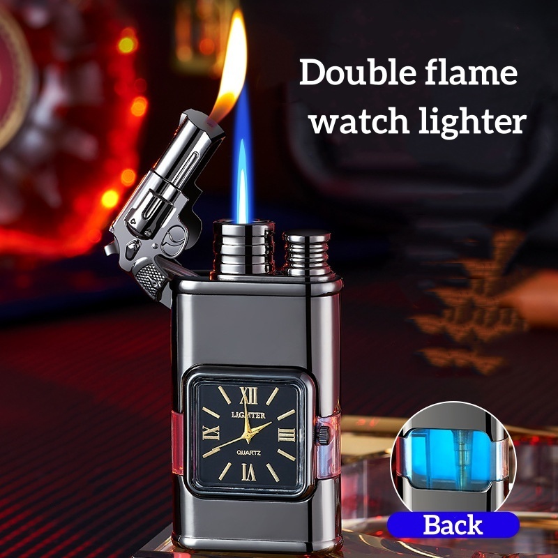 Creativity pistol Gun Model Butane Lighter Dual Flame refillable Lighter With watch