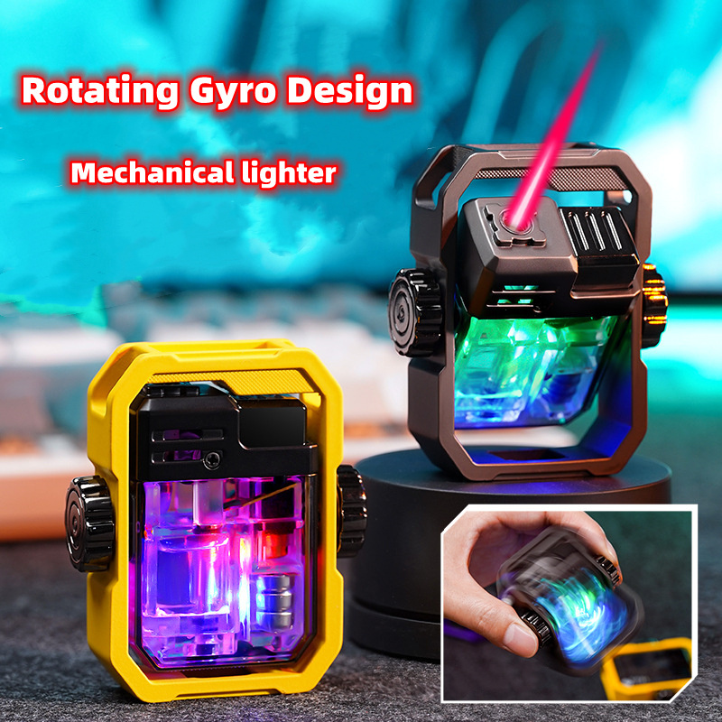 New design Mecha style rotary gyroscope+windproof gas lighter with Transparent gas chamber