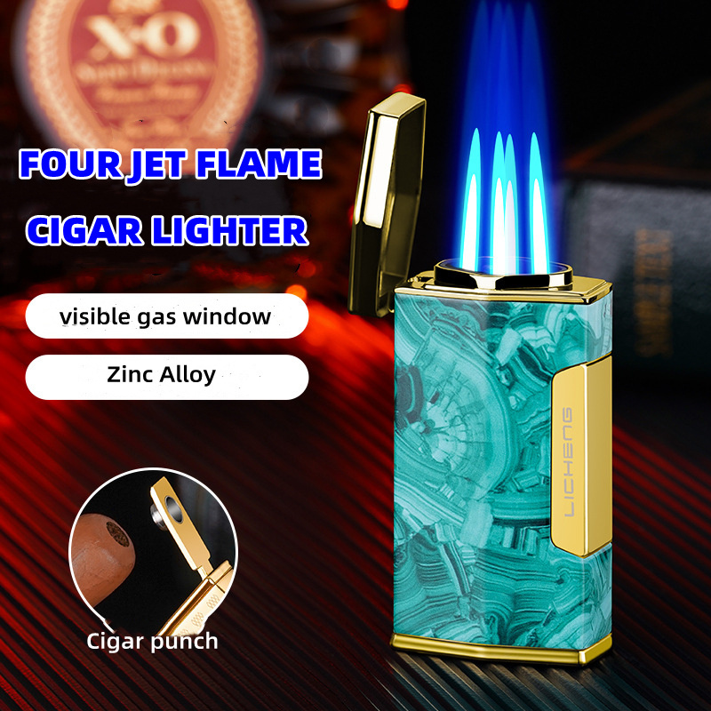 Powerful Four Jet Flame Cigar Lighter Visible Gas Window Windproof Lighter With Cigar Punch