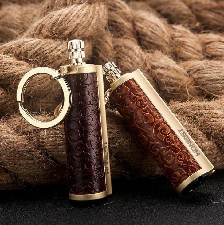 Wholesale leather wrapped metal rod key chain match lighter waterproof kerosene oil lighter